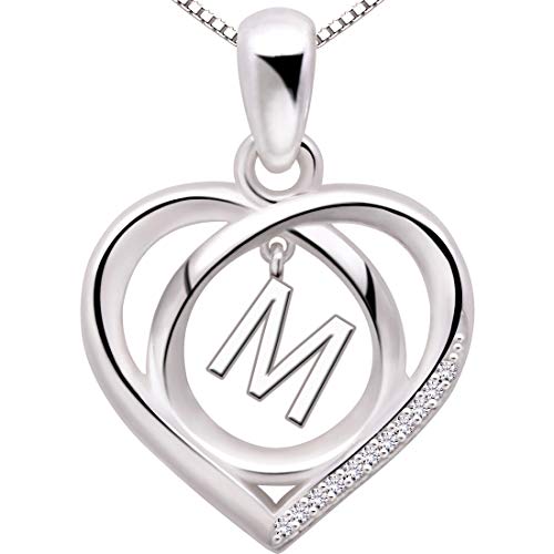 ALOV Jewelry Sterling Silver Initial Letter Alphabet Love Heart Cubic Zirconia Pendant Necklace (M)