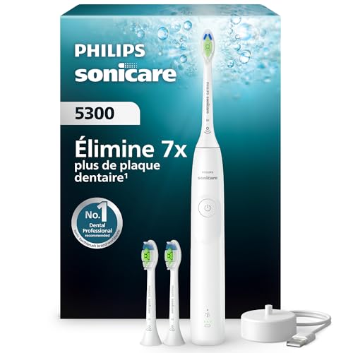 Philips Sonicare 5300 - Brosse à dents électrique sonique avec 2 niveaux d'intensité, Alerte de pression, EasyStart, SmarTimer et BrushPacer, Blanc, modèle...