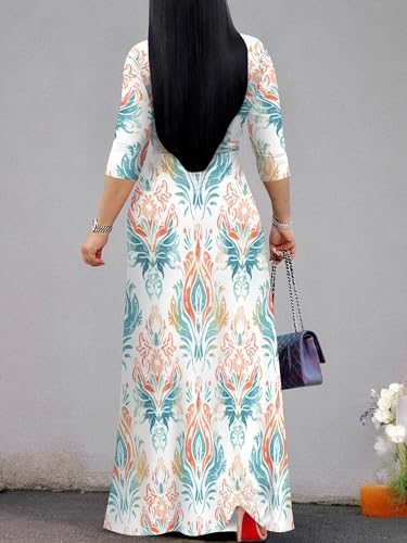 Image of PinkPatty Plus Size Maxi Dress for Women Casual V Neck 3 /4 Sleeve Boho Printed Long Dress with Pockets