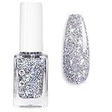 Silver Glitter Nail Polish - Quick Dry Nail Varnish - Flash Shinny Sliver Nail Varnish - Silver Diamond Sparkle Long Lasting Iridescent Chunky Glitter Gel Polish - No Need Baking