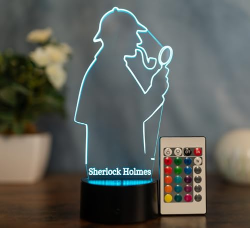 Optechvisual Sherlock Holmes LED Lampe – 3D Tischlampe mit Farbwechsel & Fernbedienung – Detektiv Deko Licht – Geschenk für Krimi-Fans & Buchliebhaber – Acrylglas Made in Germany