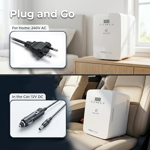 Image of KILIG Frio Ultra Mini Fridge | Portable Cooler & Warmer | 240V AC & 12V DC Power for Home & Car | Smart Temperature Control | Perfect for Food & Beverages, Travel, Skincare, Medicine | White