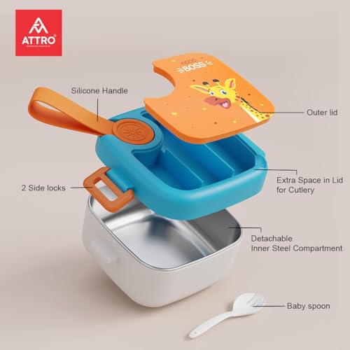 Image of ATTRO KidsMate Giraffe Lunch Box Stainless Steel Comes with 1 Detachable Tray| Leak-Proof & Durable | Plastic Spoon | Ideal for Kids, School, Picnic - Orange Blue - 500ml