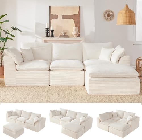112" Cloud Sectional Couch, Boneless Couches for Living Room, L Shaped Couch with Convertible Ottoman, Modular Sectional Sofa with Deep Seat, Comfy Soft Cushions, No Assembly, Beige - Thumbnail 3