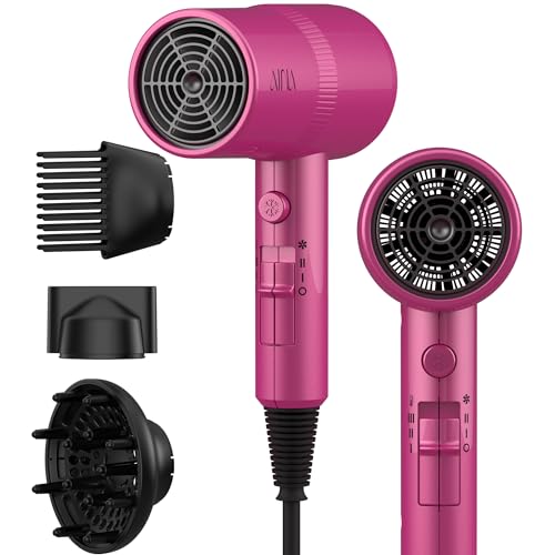Image of AINA Hair Dryer with Diffuser,Comb Full-Featured Blow Dryer 110V(Neon Pink) | 3 Heat /2 Speed;Cold shut button;Lightweight;Compact Size;High Temp;Low Airflow;Same Results;Less Expense