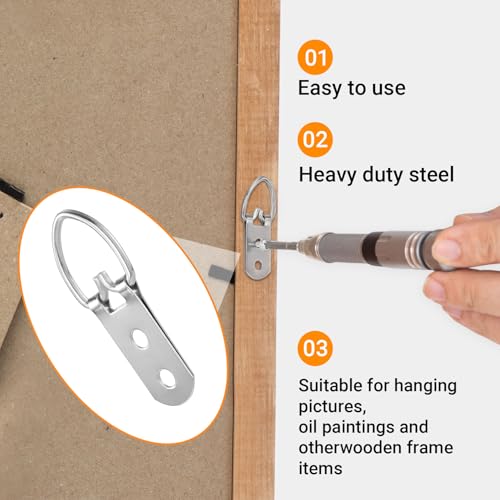Image of 10 Pcs Picture Hanger, D Rings Heavy Duty, D Ring Picture Hangers with 20 Pcs Screws, Picture Hanging Hooks for Clock, Mirror, Paintings (Sliver, 2 Holes)