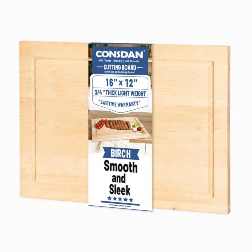 CONSDAN Wood Cutting Board for Kitchen, 16 x 12, Soild Birch Wood, Edge Grain, Chopping Board, Butcher Block with Juice Groove, Prefinished with Food-Safe Oil, 3/4" thick