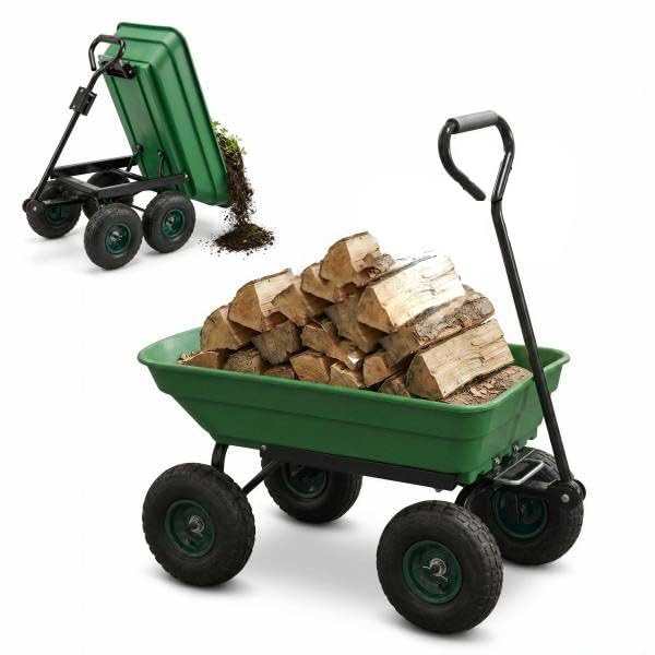 Gartenwagen mit Kippfunktion 300 kg, Transportwagen mit Luftreifen und Lenkachse, robuste Gartenkarre als Schubkarren Alternative, Kippwagen Lastenwagen für Gartenarbeit, Holz, Erde, Laub und Kompost