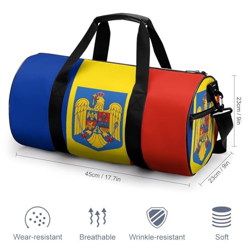Romania Flag Romanian Coat of Arms Gym Duffel Bag with Shoe Compartments Travel Weekend Overnight Dufflebag2