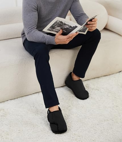 Forvevo Mens Slippers Size 9, Wide Fit Memory Foam Slippers, Fluffy Warm Comfy Fleece Non-Slip Diabetic Slipper For Arthritis Edema Swollen House (Black) - 2