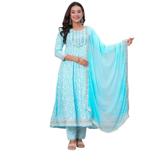 Women’s Cotton Anarkali Kurta Pant Dupatta Set | Floral Printed Long Anarkali Kurti | Ethnic Indian Wear for Festive, Casual & Daily Use (Blue, Medium)