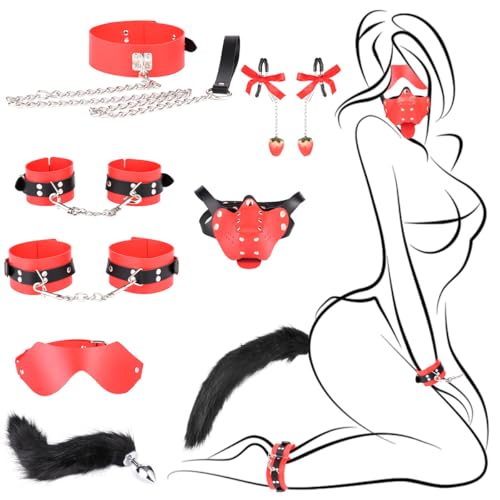BDSM Bondage Restraint Set (7-teilig), Halsband mit Leine, Erdbeer-Nippelklemmen, Handschellen, Fußfesseln, Schwanz-Analplug, Augenbinde, Hundemaske (DEB13)