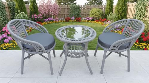Image of India 3 Piece Outdoor Rope Patio Set with Glass Top Table & Water Resistant Cushions for Garden, Deck, Lawn, Poolside
