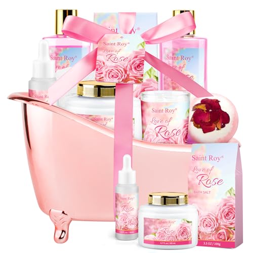 Bath Set for Women, Luxury Home Spa Kit Rose Bath Gift Basket 9Pcs, Includes Shower Gel, Body & Hand Lotion, Bath Salts, Bath Bomb, Spa Candle, Relax Bath Puff and More, Christmas Gift for Her