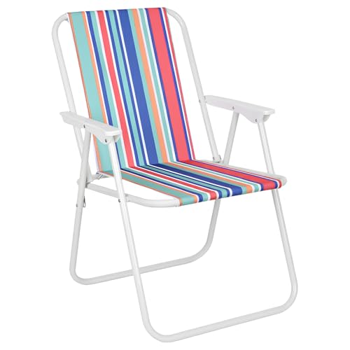 Image of Pivalo Folding Beach Chair with Arm Rest Portable Lightweight Rainbow Stripped Foldable Fishing Chairs for Travelling Picnic & Outdoor Camping Hiking Garden (Medium, Red Stripe)