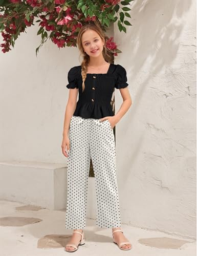 Image of Girls Clothes Solid Color Square Collar Stretch Top and Wide Leg Pants Clothes for Teen Girls 6-14Y