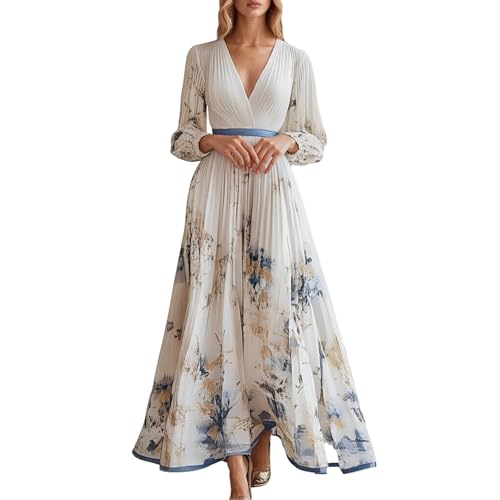 Vhersily Femmes Robes Longues de Mariage Élégant Col V Robe Plissée Imprimé Floral Mousseline de soie Robe Maxi Demoiselle Soirée Cérémonie, Frais et...
