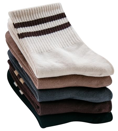 Image of Deeorla Womens Striped Crew Socks Brown Vintage Retro Athletic Socks 5 Pairs