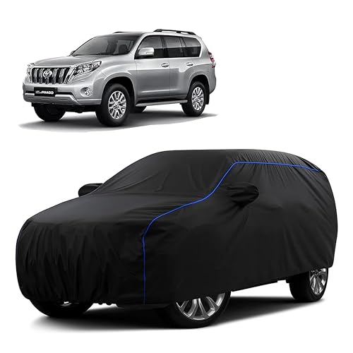 Image of Sulfar 100% Water Resistant Car Body Cover Compatible with Mirror for Toyota Prado (Triple Stitched, Full Bottom Elastic, Black Tafetta with Blue Piping)