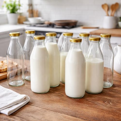 Image of Pure Source India Reusable Leak-Proof 1Litre Glass Bottle with Gold Metal Lid for Beverage & Milk Storage Container (Set of 8)