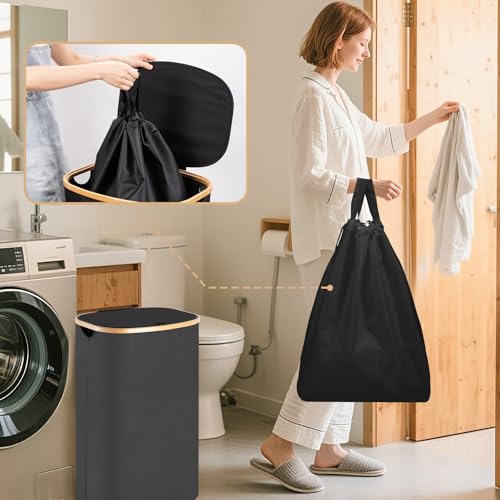 Eyeleaf Panier à Linge avec Couvercle, 100L Grand Corbeille à Linge avec Poignées en Bambou, Pratique Paniere a Linge Sale avec Amovible grand filets pour la Salle de Bain, la Buanderie (Noir) – vue 5