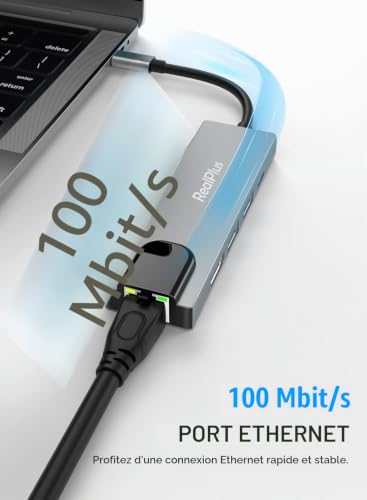 Hub USB C avec Ethernet, RealPlus Adaptateur USB C 5-en-1, Dock USB C avec 100 Mbps Ethernet RJ45, USB 3.0,PD 100W, HDMI 4K@30hz, Compatible avec MacBook/iPad/Dell/ChromeBook/Switch/Tablette – vue 3