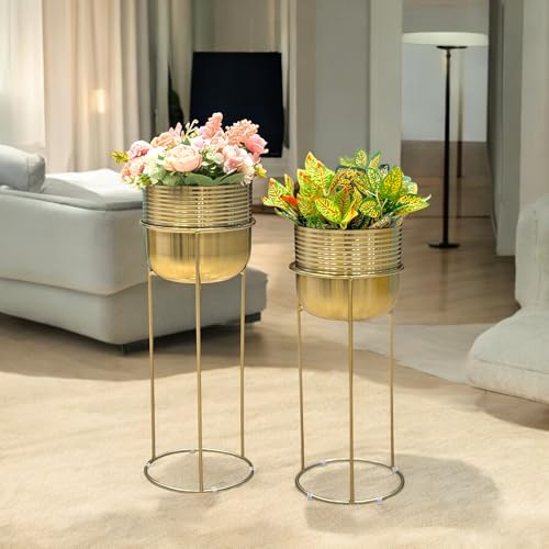 Image of Decorative Ribbed Gold Planters with Stands for Indoor Plants | Electroplated Gold Metal Planters for Living Room Bedroom Balcony Home and Office | Set of 2