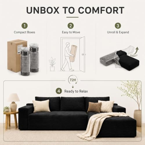 Image of Sectional Couches for Living Room Cloud Couch Sofa with L-Shape Upholstered Boneless Couchs Modern Modular Sectional Couch with Chaise (Black, 96 inch W+Right Facing Chaise+2Seaters)