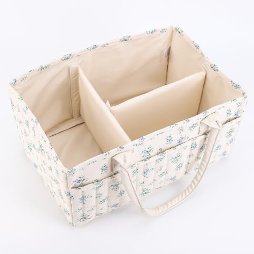 BBIQI Quilted Floral Diaper Caddy Organizer, Nursery Diaper Caddy Storage Basket Portable Car Storage with Handles (Blue Floral) — view 6