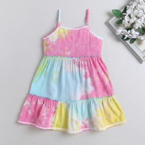 Image of The Magic Wand Kids Girls Printed Casual Dresses, Knee Length Singlet Strap Fit & Flared Cotton Once Piece Stylish Frocks for Summer Season