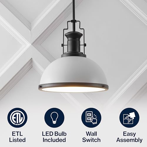 Image of JONATHAN Y Homer Industrial Dome Pendant 13 inch, White /Matte Black | 1-Light, Farmhouse Style, Adjustable Hanging Height, Glass Diffuser, Sloped Ceiling Compatible, Metal, LED Bulb Included