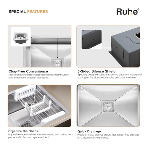 Image of Ruhe Handmade Double Bowl Kitchen Sink - 37x18x10 inches | 304-Grade Stainless Steel Sink | Brushed Matte Finish | Including Couplings, Waste Pipe, Sink Connector & Vegetable Washing Basket