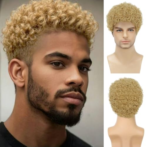Mens Short Curly Afro Blonde Wigs
