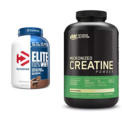 Dymatize Protein Powder, Rich Chocolate, 80 Ounce & Optimum Nutrition Micronized Creatine Monohydrate Powder, Unflavored, Keto Friendly, 120 Servings #TOP10
