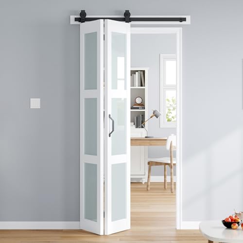 ROYMELO Bifold Barn Door 42x84 Inch (Double 21x84), White Frosted Glass Bifolding Doors with 46" Hardware Kit Included, Closet Sliding Wood Panel Slab, Save Space, Simple DIY Assembly