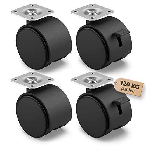 RAVN HAMAN Jeu de 4 Roulettes pour meubles 50 mm - Roulettes de transport avec frein jusqu'à 30 kg par roue - Roulettes pivotantes pour meubles d'intérieur