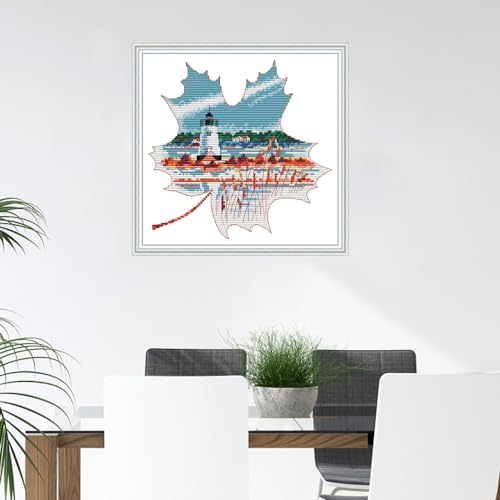 Image of CROSSDECOR Stamped Cross Stitch Kits Pre-Printed in Aida Cloth Cross-Stitching 14CT Embroidery Starter Kits DIY Cross Stitch Kits for Adults,the View from the Maple Leaf 10.6x10.5in