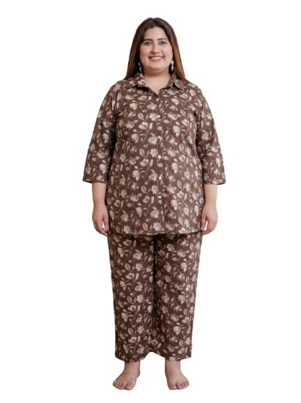 swasti Women's Plus Size Floral Print Night Suit,Brown,Shirt with Pyjama Set-picture-44