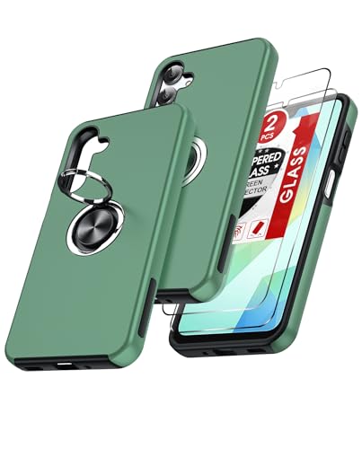 LeYi Funda para Samsung Galaxy A16/A 16 con [2-Unidades] Cristal Templado, Armor Carcasa con 360 Grados Metálico Anillo Hard PC Silicona Bumper Antigolpes Case, Verde Lima