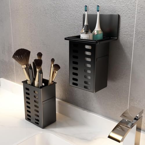 Wall-Mounted Toothpaste Holder (2 Pack) Strong Adhesive Bathroom Storage Rack Multifunctional Toothbrush Organizer for Bathroom Easy Installation Free Punching (Black)