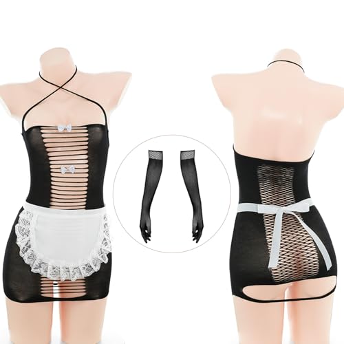 JasmyGirls セクシーフィッシュネットドレス 女性用フレンチメイドランジェリードレス ストッキングエプロン 手袋付き - 画像3
