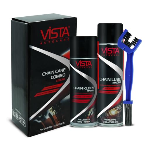 Image of Vista Auto Care Chain Care Combo | Chain Kleen + Chain Lube + Brush | Premium Bike Chain Cleaner & Lubricant Kit | Removes Tough Grease | Prevents Rust | Enhances Chain Life (Chain Care Combo Macro)