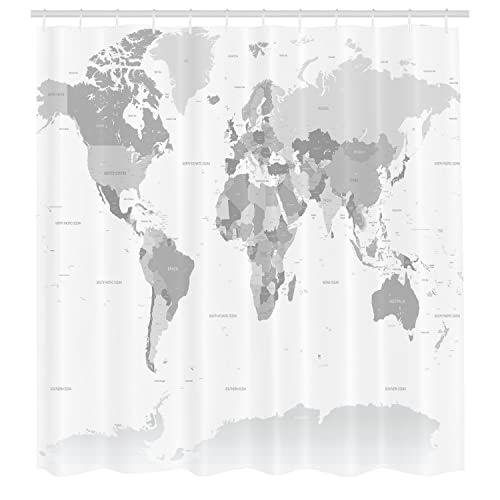Ambesonne Grey Shower Curtain, Detailed World Map With All Countries Major Capital Cities Universe Earth Continents, Cloth Fabric Bathroom Decor Set With Hooks, 69" W X 70" L, Grey White #TOP1