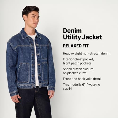 Image of Amazon Essentials Men's Heavyweight Rigid Denim Relaxed-Fit Utility Jacket with Pockets, Shank Button Closure