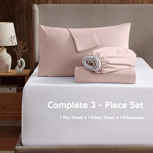 Image of Nestl Twin Bed Sheet Set - Peach Beige - 3-Piece Deep Pocket | Instantly Soft, Night-One Ready (No Wash Required). Fits 16-Inch Deep Pockets, 360-Degree Elastic Grip