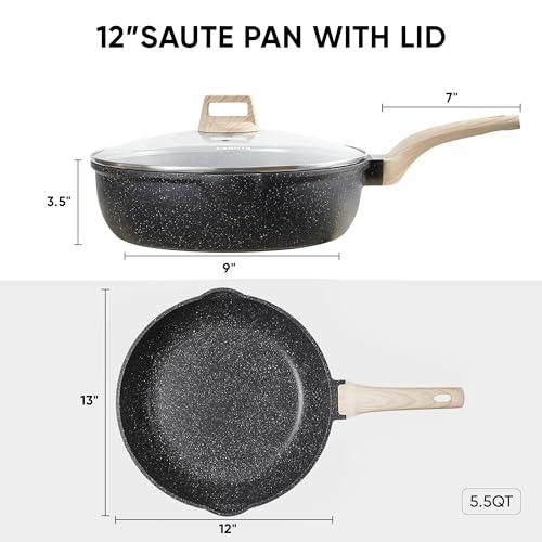 CAROTE 12Inch Nonstick Deep Frying Pan with Lid, 5.5 Qt Jumbo Cooker Saute Pan with Pour Spout, Skillet Induction Cookware, Non Stick Cooking Pan PFOA Free, Classic Granite