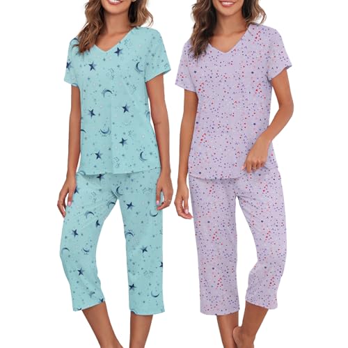 American Trends 2 Pack Cotton Pajamas for Women Set Two Piece Short Sleeve Sleepwear Tops with Capri Pants Summer Pj Set