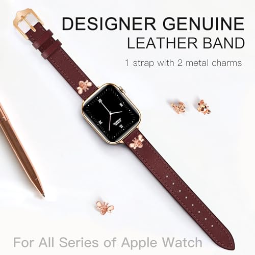 Image of JR.DM Slim Leather Bands Compatible with Apple Watch Band 38mm 40mm 41mm 42mm 44mm 45mm 46mm 49mm, Genuine Leather Band with Charms, Feminine Design for Iwatch Ultra SE Series 11 10 9 8 7 6 5 4 3 2 1