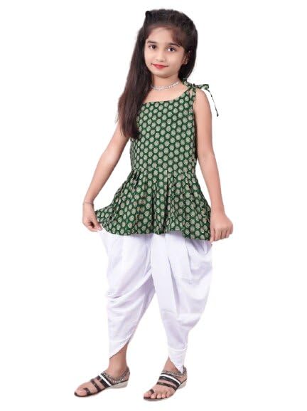 Image of Girls Ethnic Printed Peplum Top and White Dhoti Pant Set | Stylish Sleeveless Kurti with Comfortable Bottom | Traditional Festive Outfit for Kids