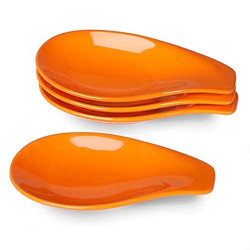 ONTUBE Ceramic Spoon Rests for Buffet Set of 4, Porcelain Sauce Dish Resting Cooking Spoons Holder, 6.5 Inch (Orange)